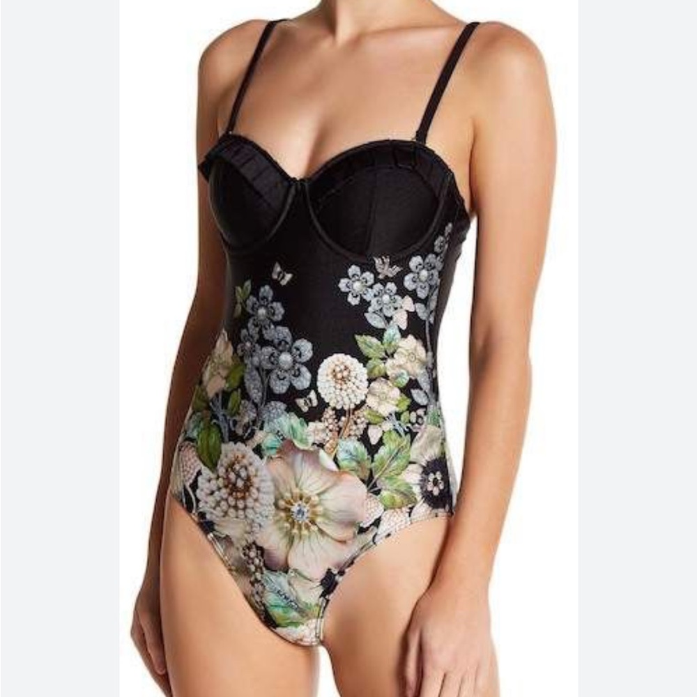 Ted Baker Gem Garden Floral Black One-Piece Swimsuit XS